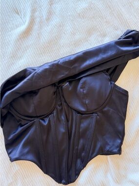 Fashion Nova Black Satin One-Shoulder Corset Top